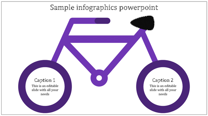 Sample PowerPoint infographic showcasing a purple bicycle graphic with text in the circular wheels with captions.