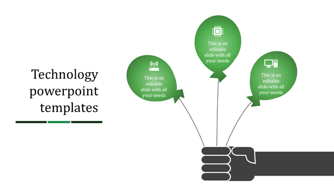 Technology PowerPoint template featuring hand holding strings attached to three green balloons with text and tech icons.