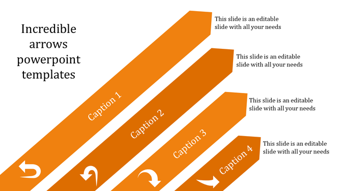 PowerPoint slide with four arrows in orange color and captions for each step in the process with placeholder text.