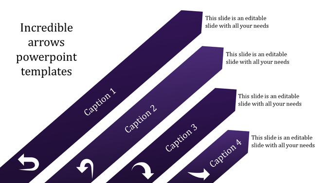 Gradient purple arrows labeled Caption 1 to 4 with placeholder text areas placed in white background.