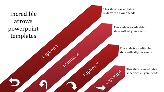 Four diagonal red arrows with captions, aligned upward, each pointing to text on a white background.