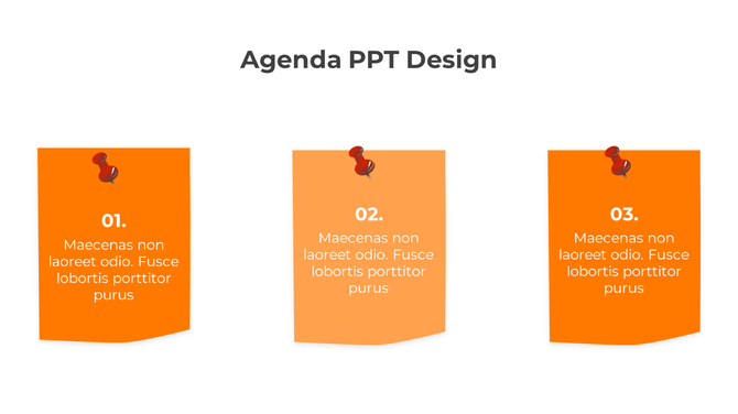 Horizontal row of three orange agenda cards, each with red pins, featuring white text, and minimal design.