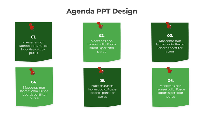 Pinned sticky notes in dark and light green hues forming a 3x2 agenda layout, each labeled numerically.
