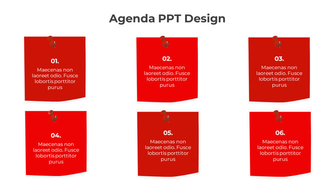 Agenda design with six red pinned notes, arranged in two columns, displaying sequential content.