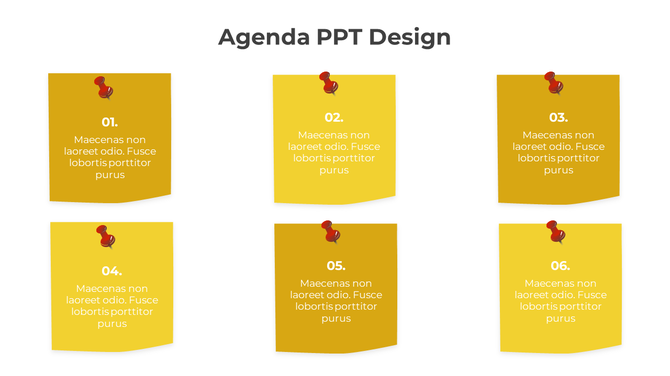 Agenda PowerPoint slide design with six yellow pinned notes, each numbered from 01 to 06, displaying placeholder text.