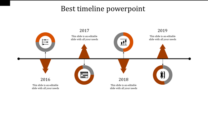 Horizontal timeline design with circular icons, directional arrows, and text placeholders for each milestone year.