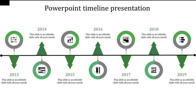 Green themed timeline with circular icons and arrows aligned along a black horizontal line for years 2013 to 2019.