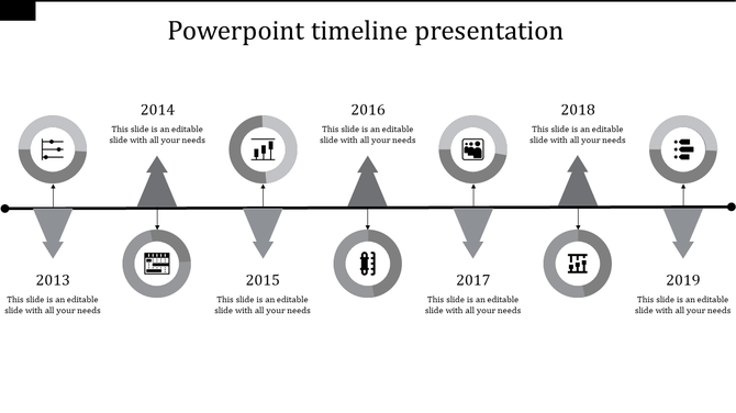 Minimalist timeline slide with a black horizontal line, milestone markers, and alternating arrows for different years.