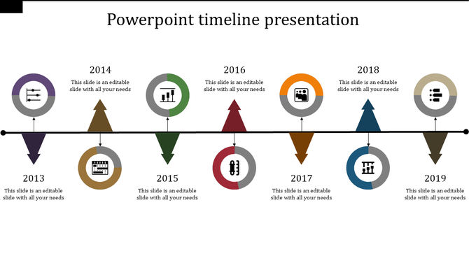 Timeline PPT slide showcasing years from 2013 to 2019, featuring colorful icons for each year and placeholder text.