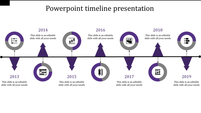 Timeline PPT template displaying purple milestones for each year from 2013 to 2019 with corresponding icons and captions.