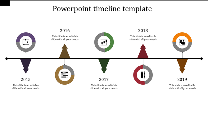 Project timeline template with milestone indicators for each year, using different colors and business related icons.