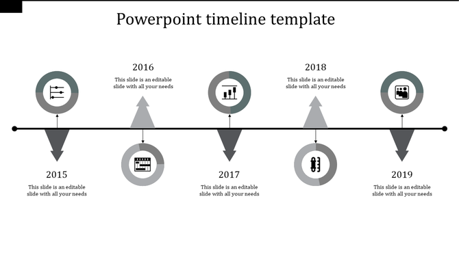 Monochrome timeline template displaying milestones from 2015 to 2019 with icons and caption areas.