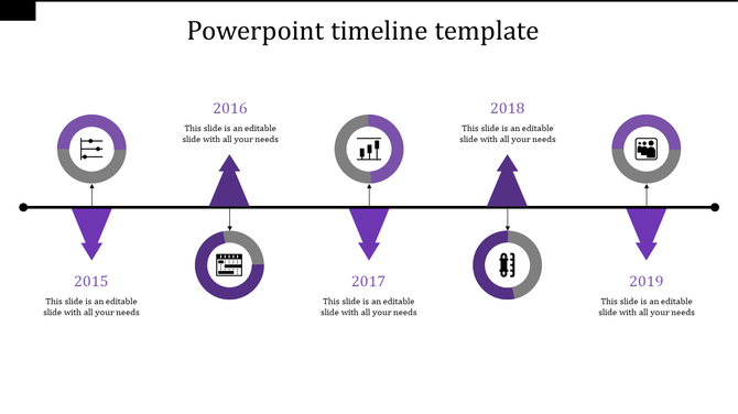 Timeline PPT template showing milestones from 2015 to 2019 with purple and gray icons for each year and placeholder text.