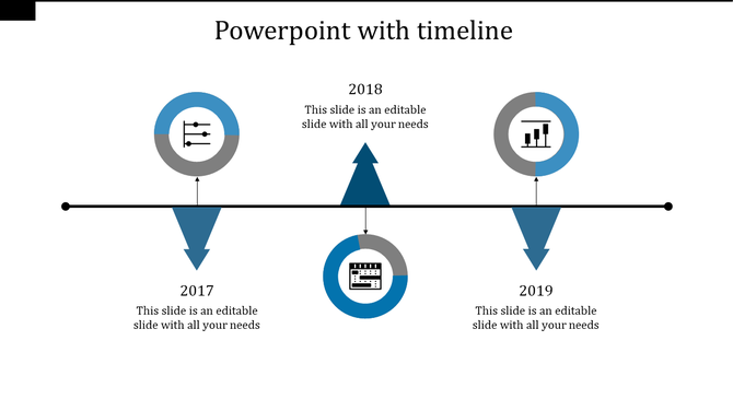 A timeline PowerPoint slide with arrows indicating the years 2017, 2018, and 2019, featuring placeholder text and icons.