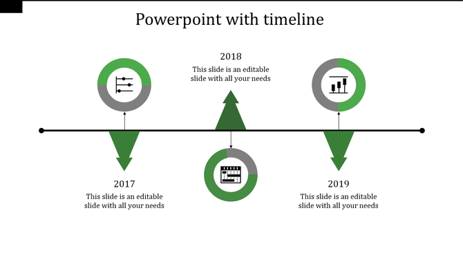 Horizontal timeline infographic with three years marked by green arrows, circular icons, and a black timeline line.