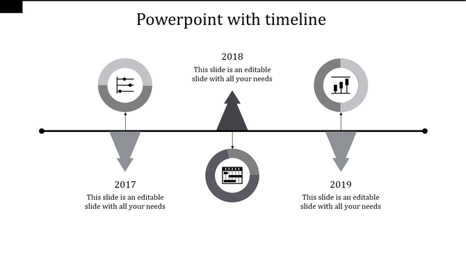 Timeline infographic with gray circular icons connected to labeled years, featuring arrows pointing up and down.