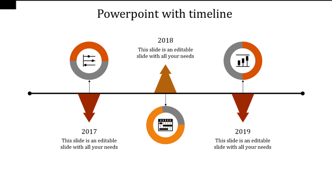 Minimalist timeline diagram displaying three years with circular icons, orange arrows, and a black connecting line.