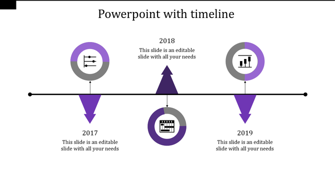 Horizontal timeline with circular icons, purple arrows, and text for years 2017, 2018, and 2019 on a white background.