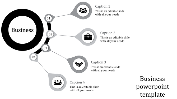 Business PPT template featuring four sections with icons for people, briefcase, handshake, and group with captions.