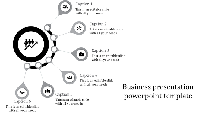Business PPT slide with six sections, each represented by icons for people, growth, work, and teamwork with captions.
