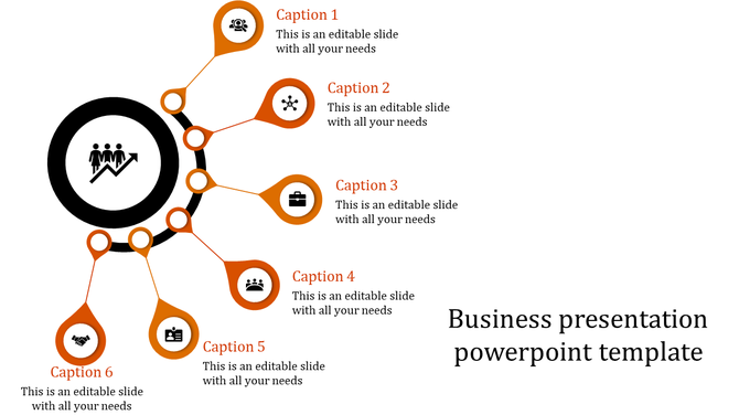 Circular business diagram with six orange nodes branching out from a black circle and icons for caption areas.