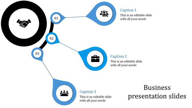 Business PPT slide featuring three sections connected by lines, each with icons for teamwork, business tools, and group work.