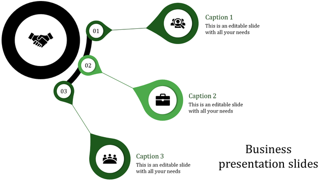 Business themed infographic with three numbered nodes in green linked to a black hub with handshake icon.