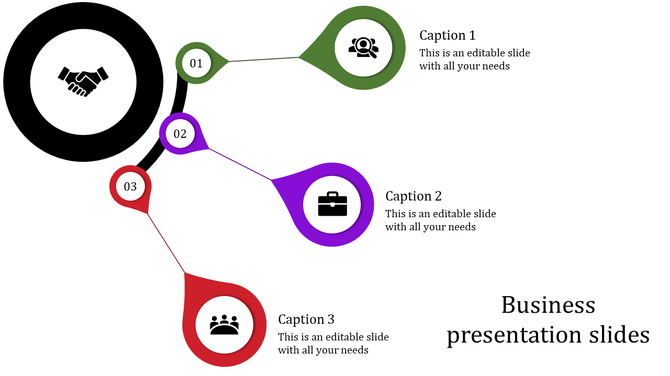 Circular business diagram with three colorful nodes branching out from a black circle and icons for captions.