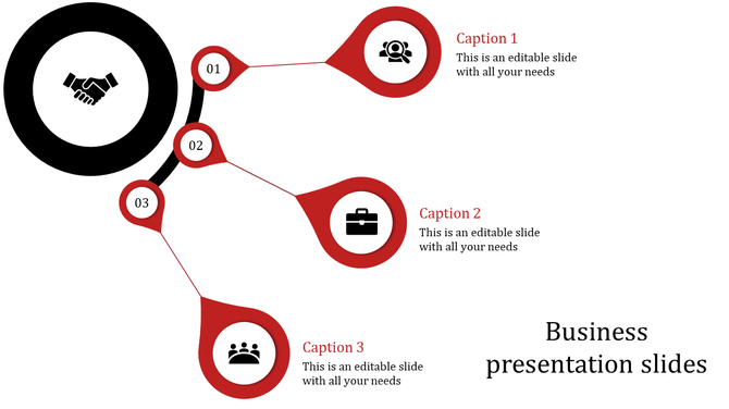 Business themed infographic with three numbered nodes in red linked to a black hub with handshake icon.