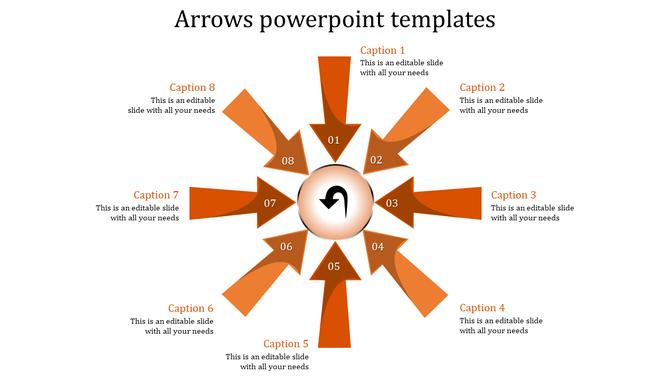 Infographic showing eight orange arrows radiating around a central circle with a curved arrow icon.