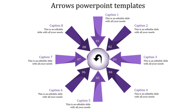 Eight purple arrows with a central icon in white circle and captions placed around it, on a light background.