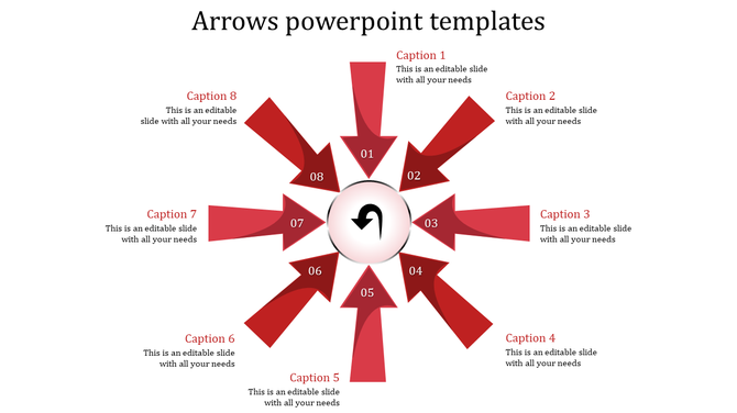 Arrows PowerPoint template with eight red numbered sections, each connected by arrows and featuring captions.