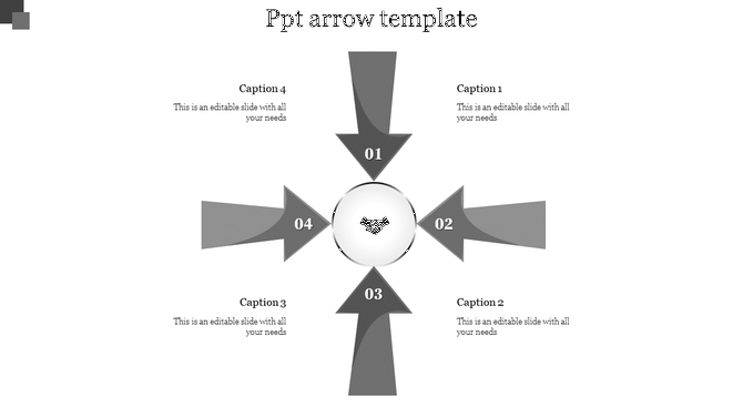 Arrows PowerPoint template with four arrows pointing towards a central handshake icon, each section labeled with captions.