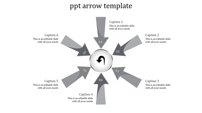 Six gray arrows radiating around a central circle with captions placed near for a presentation template.