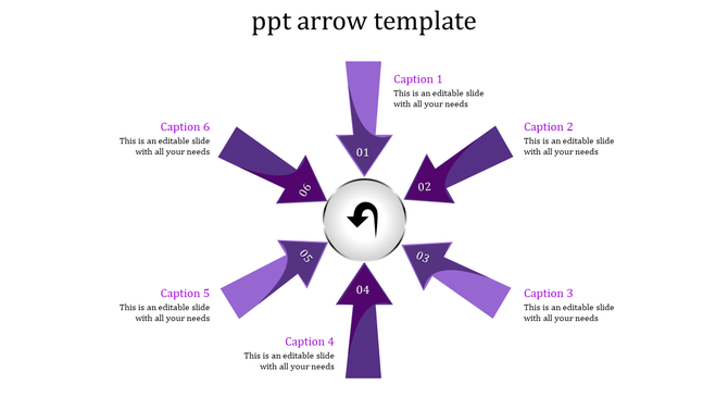 Circular layout with six purple arrows pointing inward from a central white circle featuring a black curved arrow.