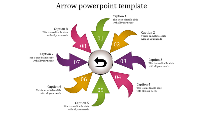Arrow PowerPoint template with a circular center and eight colorful numbered arrows pointing outward to captions.