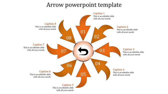 Arrow diagram with eight orange segments pointing outward from a central reverse arrow icon in a white backdrop.