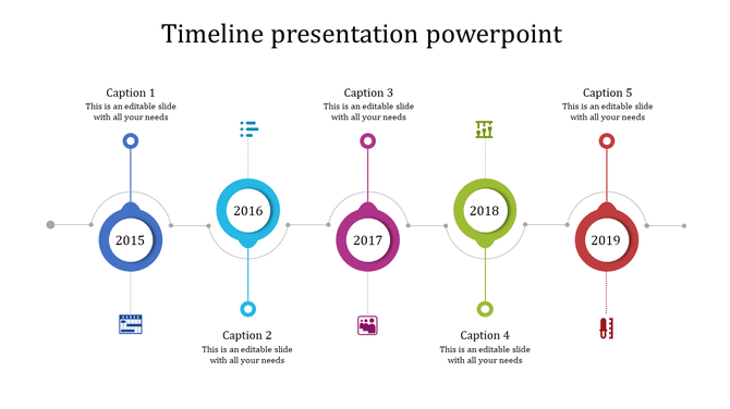 Timeline infographic showing years 2015 to 2019 in blue, teal, pink, green, and red circles connected by lines.