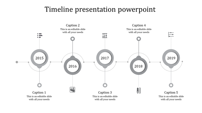 A monochrome timeline slide illustrating key years from 2015 to 2019, featuring five numbered circles with placeholder text.