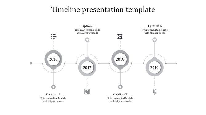 Gray timeline template with circular markers for years 2016 to 2019, each linked to captions and icons.