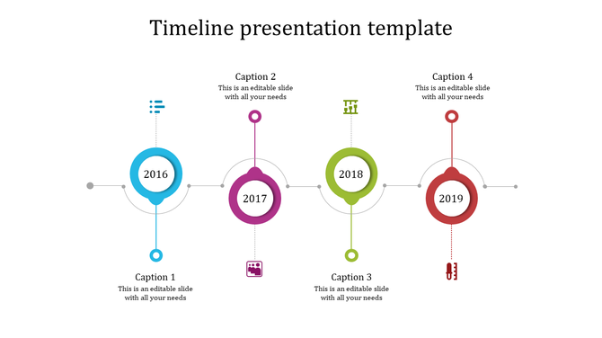 A timeline PowerPoint slide with the years 2016 to 2019, each accompanied by a colorful icon and captions.
