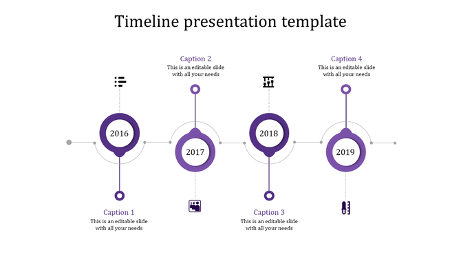 A timeline template with years 2016 to 2019 and accompanying purple icons for each year, with caption placeholders.