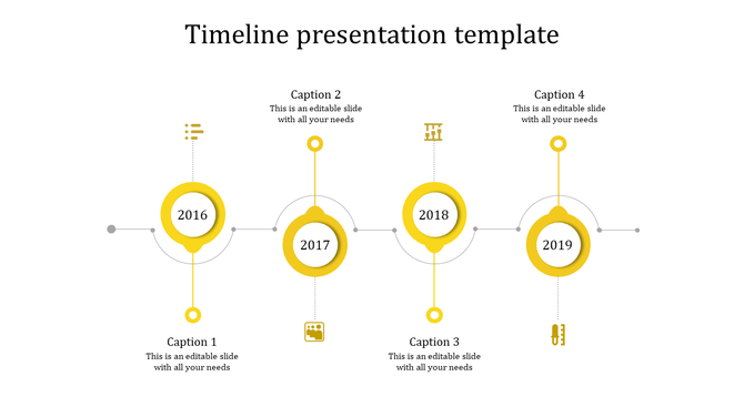 Minimalist timeline template displaying years 2016 to 2019 in yellow circular nodes with caption areas.