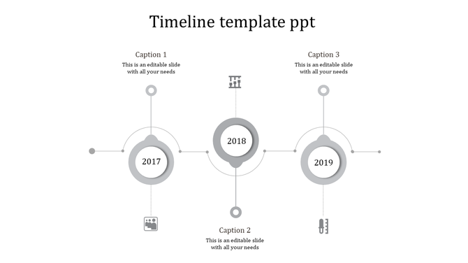 Gray timeline template with circular markers for years 2017, 2018, and 2019, each linked to captions and icons.