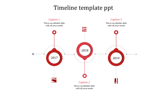 A red themed timeline PPT template covering the years 2017, 2018, and 2019 with captions and icons.