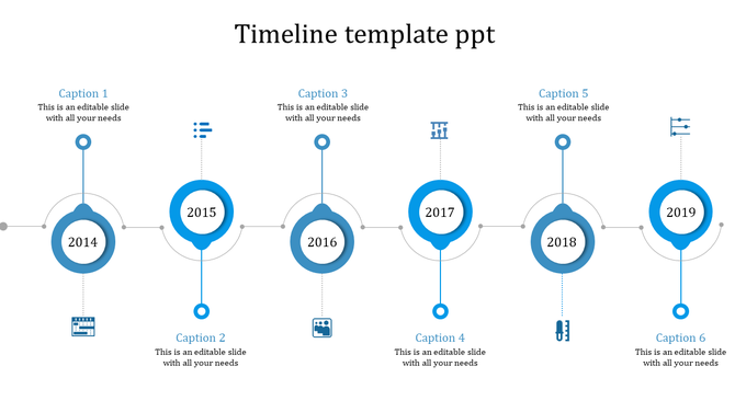 Blue timeline infographic showing milestones from 2014 to 2019 with circular nodes and icons.