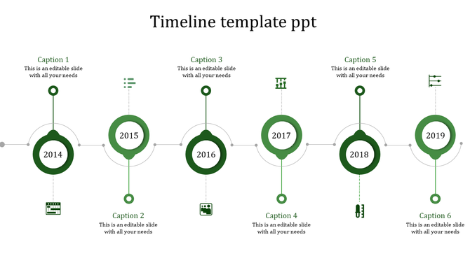 Timeline template in green circles with milestones labeled 2014 to 2019, including captions and icons.
