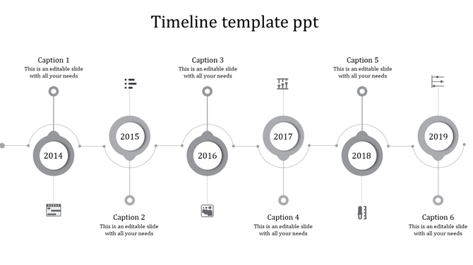 A timeline PowerPoint template from 2014 to 2019 with captions and grey icons for each year.