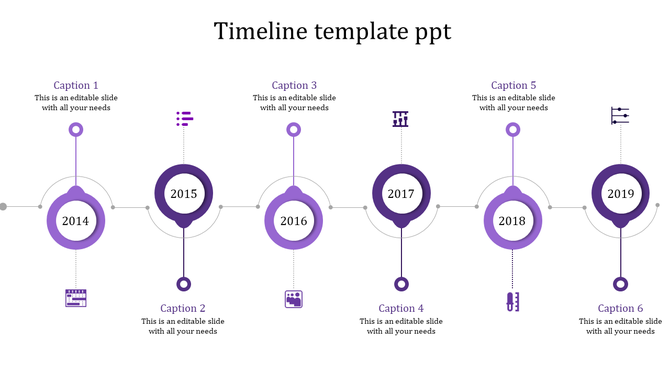 Horizontal timeline with six purple circular milestones connected by gray lines on a white background.