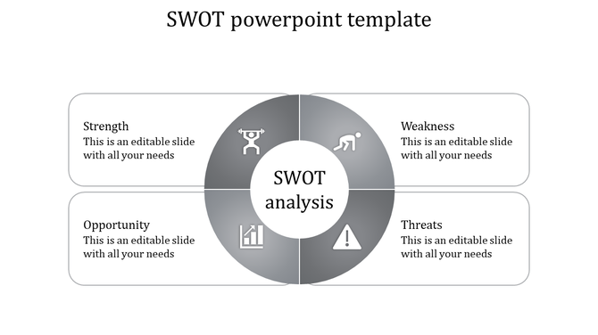 Grayscale SWOT analysis circle divided into four segments with icons for strength, weakness, opportunity, and threats.